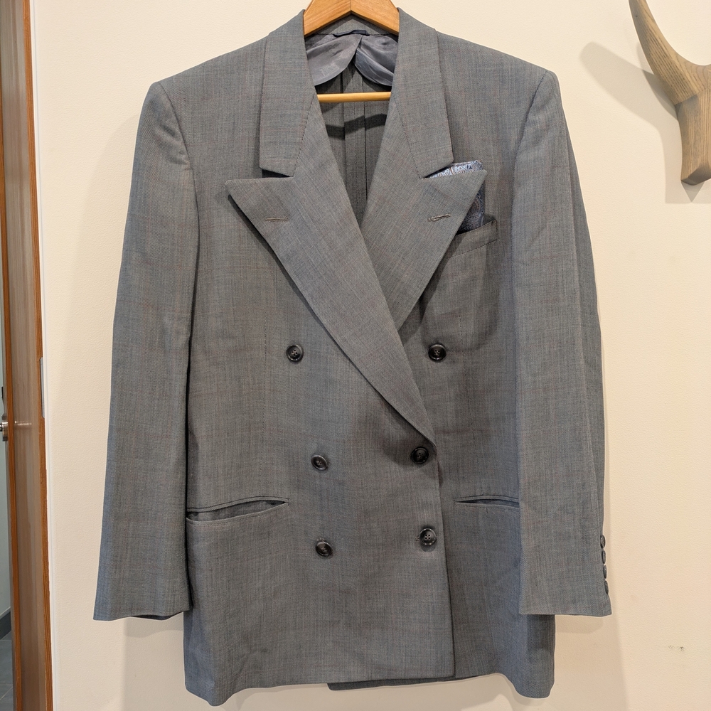 Vintage Men's Double-Breasted Blazer in Blue/Gray